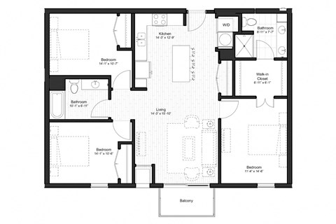 Floor plan for 3 beds, 2 baths, 1250 sqft